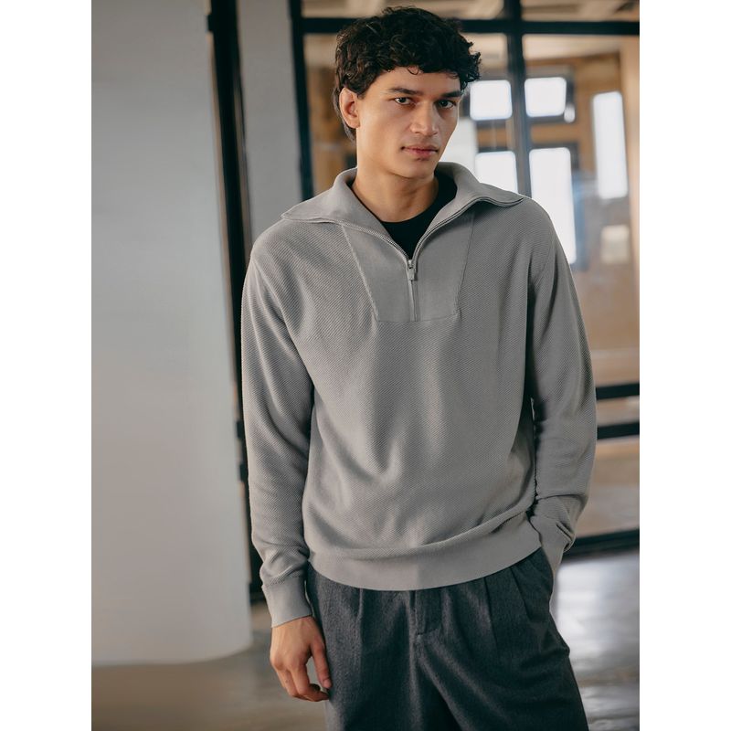 Andamen Men Structured Fabric Cotton Flat Knit Relaxed Grey Pullover Sweater (S)