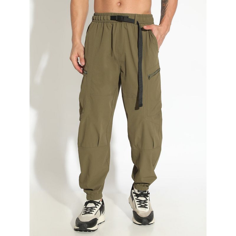 SHOWOFF Men Olive Relaxed Fit Joggers with Belt (34)