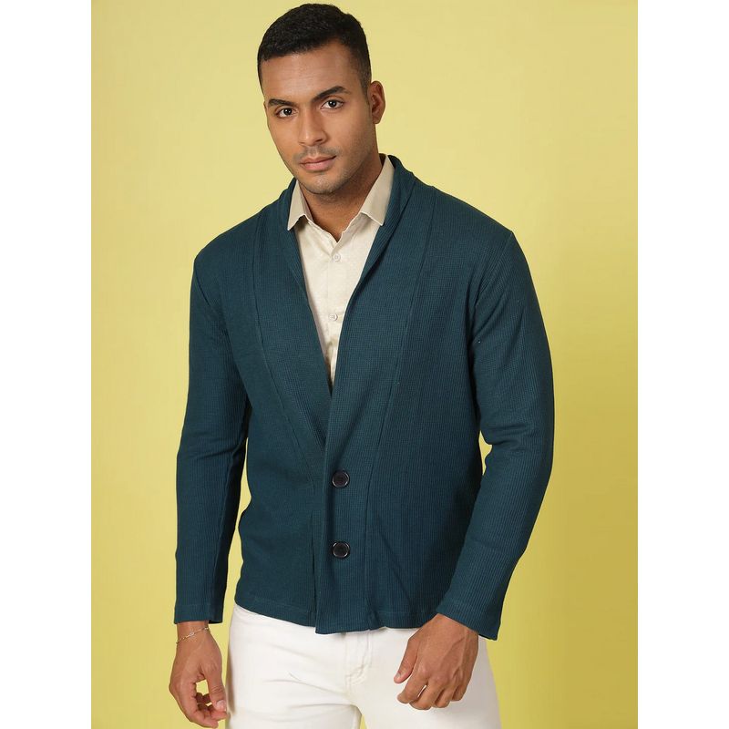 RIGO Teal Shawl Collar Waffle Men Cardigan (L)