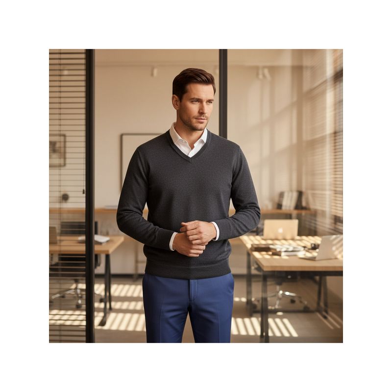 98 Degree North Men Merino Wool Blend V-Neck Grey Pullover Sweater (L)