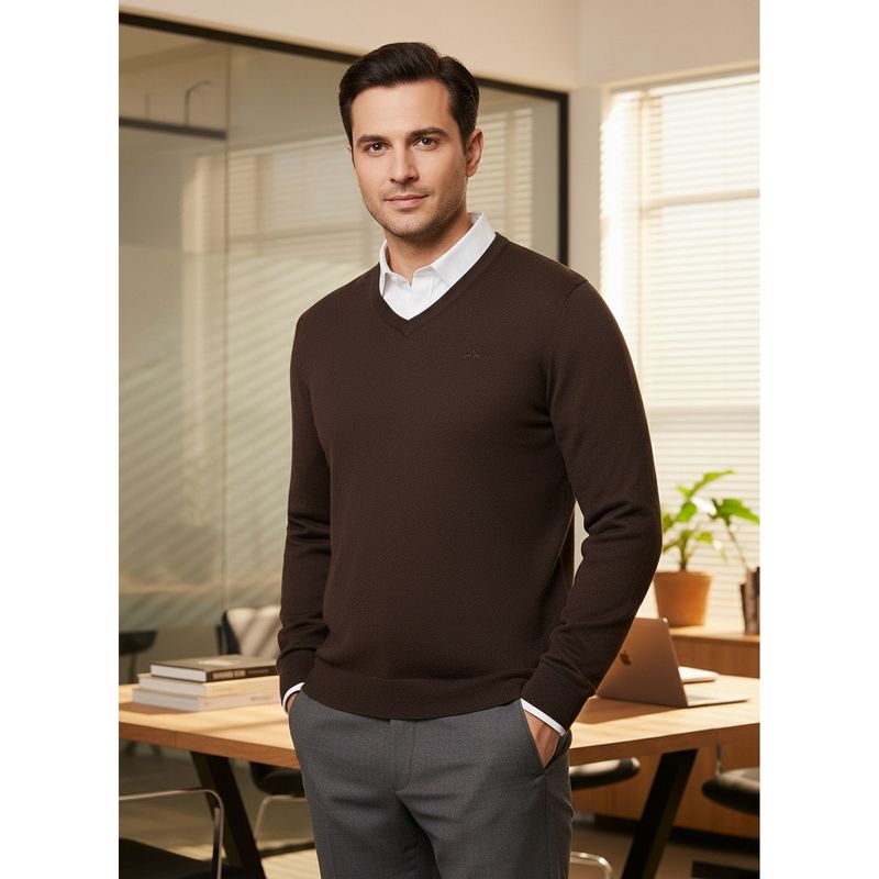 98 Degree North Men Merino Wool Blend V-Neck Brown Pullover Sweater (M)