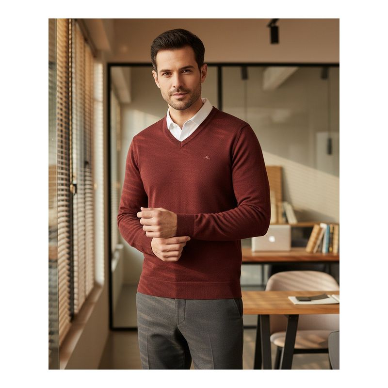 98 Degree North Men Merino Wool Blend V-Neck Maroon Pullover Sweater (L)