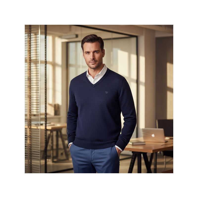 98 Degree North Men Merino Wool Blend V-Neck Navy Blue Pullover Sweater (XL)