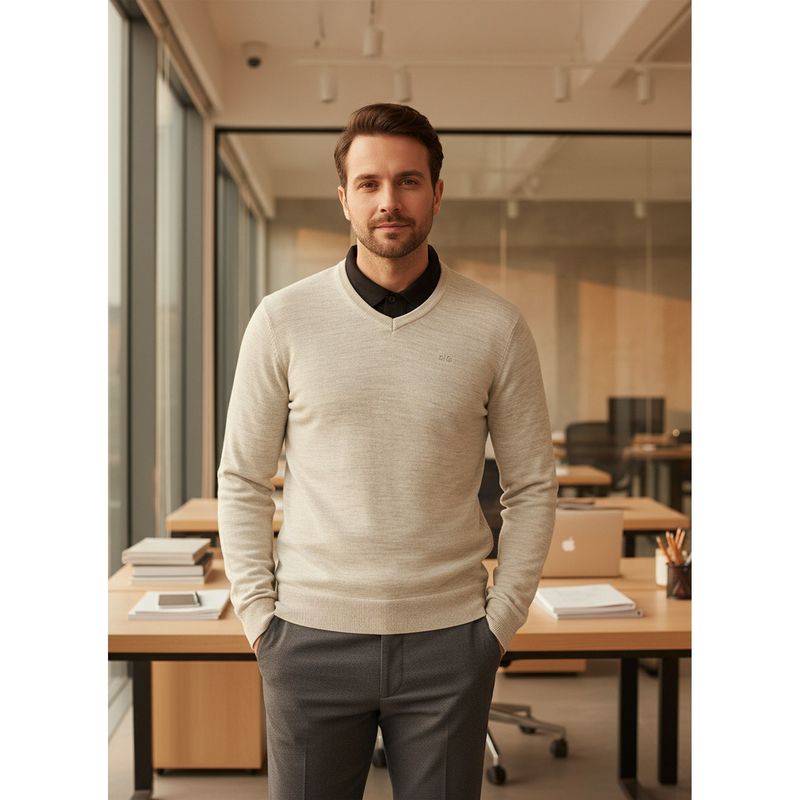 98 Degree North Men Merino Wool Blend Off White V-Neck Pullover Sweater (S)