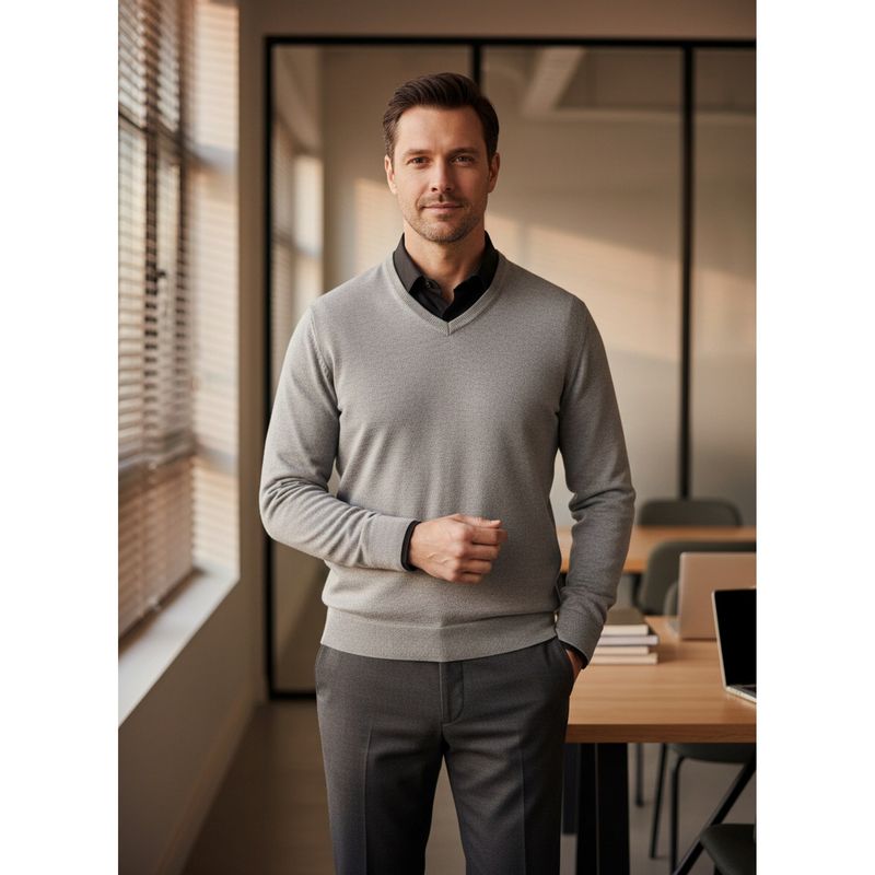 98 Degree North Men Merino Wool Blend V-Neck Pullover Grey Sweater (2XL)