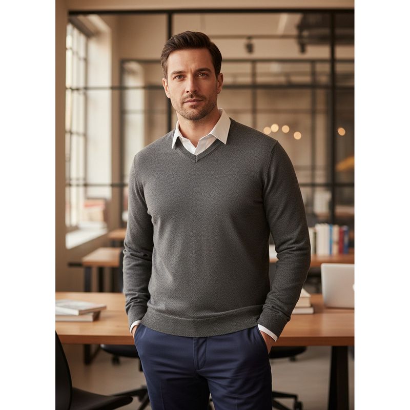 98 Degree North Men Grey Merino Wool Blend V-Neck Pullover Sweater (2XL)