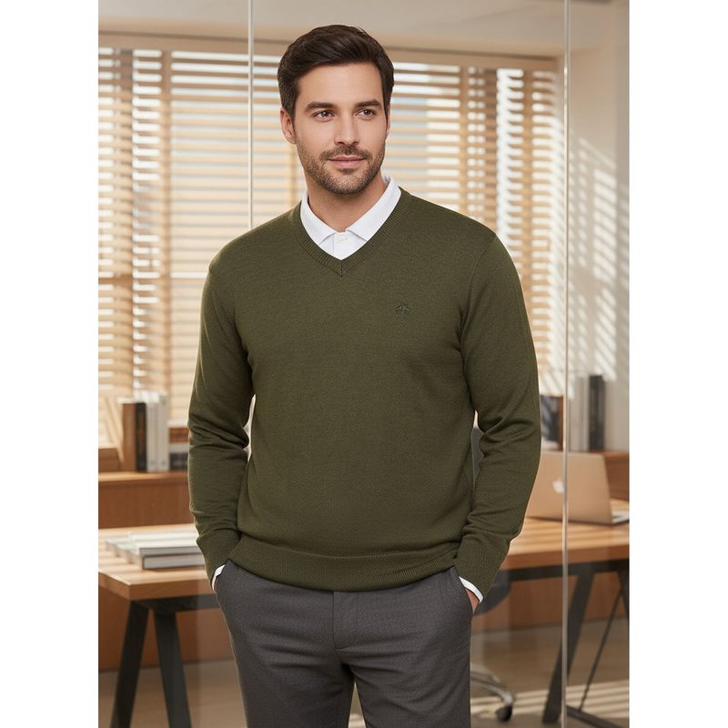 98 Degree North Men Merino Wool Blend V-Neck Olive Pullover Sweater (M)