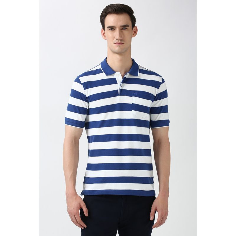 Peter England Men White Stripe Polo Neck T-Shirt (XL)