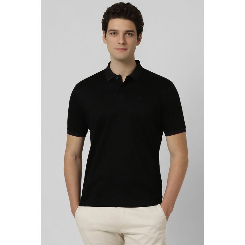 Peter England Men Black Solid Polo Neck T-Shirt (S)
