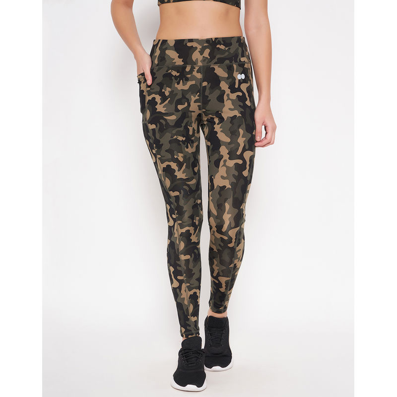 Clovia Green with Side Pocket High Rise Camouflage Print Active Tights (S)