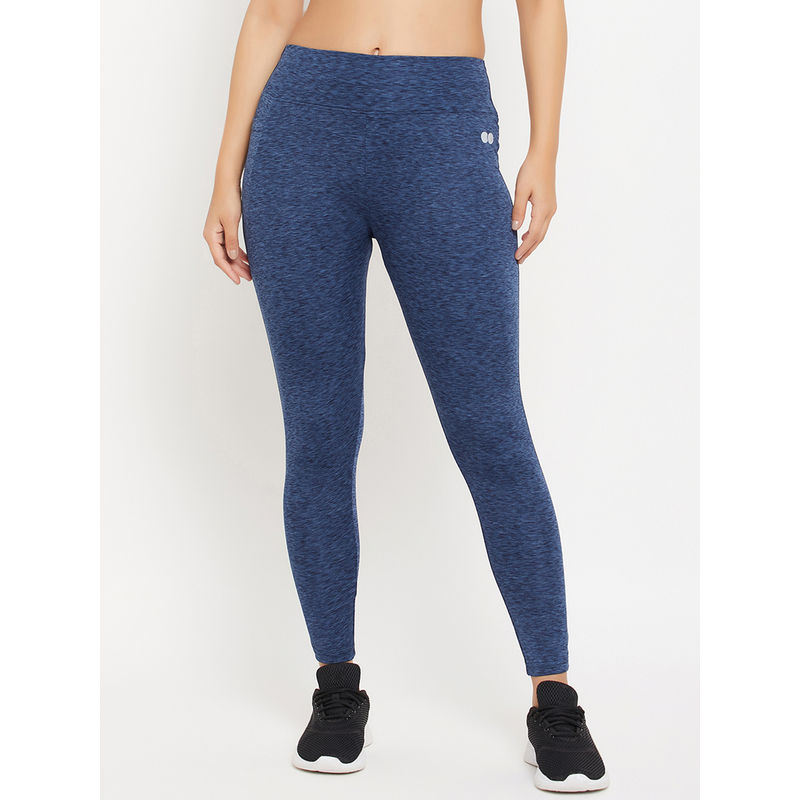 Clovia High Rise Active Tights in Blue Melange with Side Pocket (S)