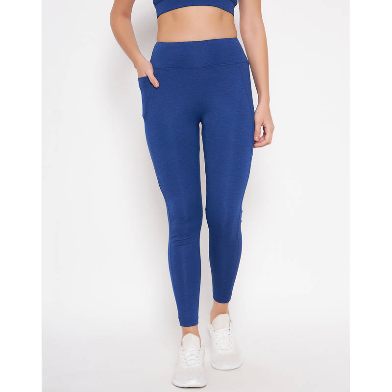 Clovia High Rise Active Tights in Navy Blue with Side Pocket (S)