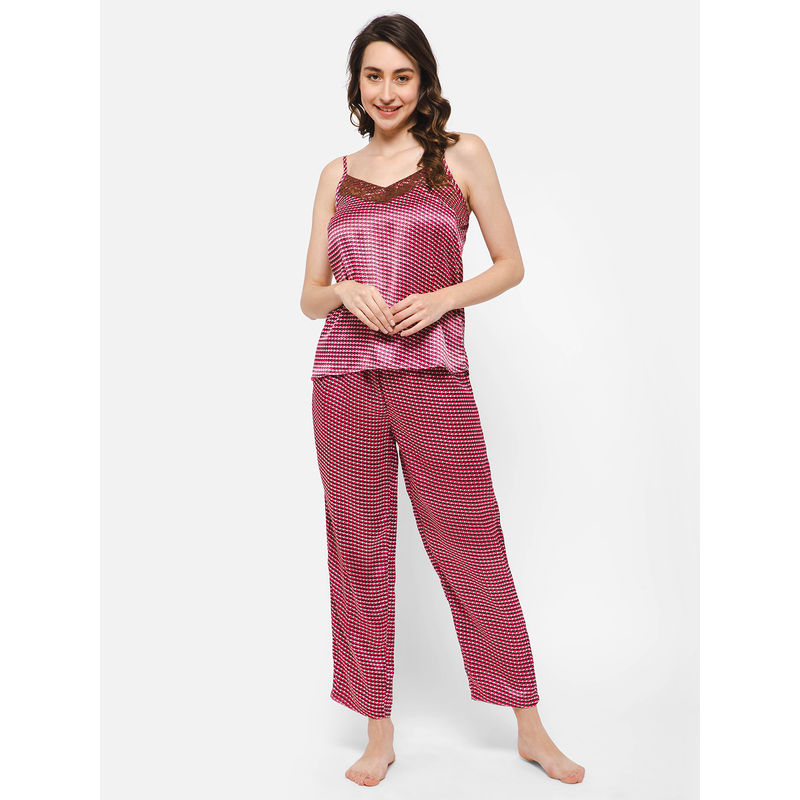 Clovia Pink Satin Printed Top and Pyjama (Set of 2) (2XL)