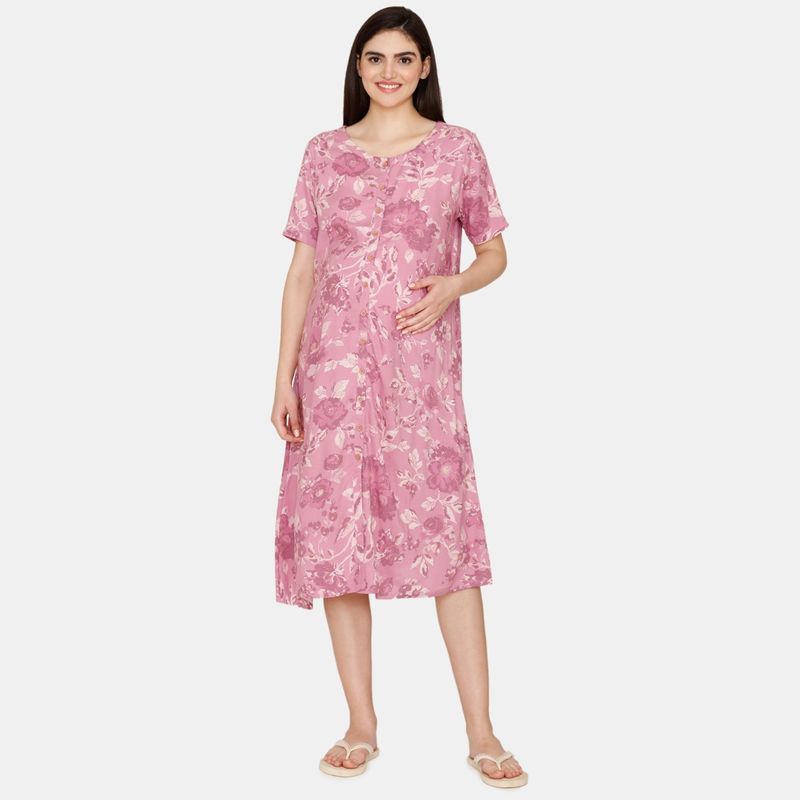 Zivame Coucou Maternity Woven Mid Length Loungewear Dress Blush Pink
