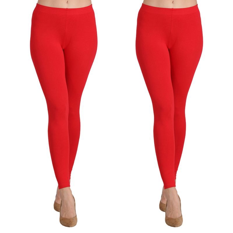 Groversons Paris Beauty Ankle Length Women's Solid Leggings Pack Of 2 - Red (M)
