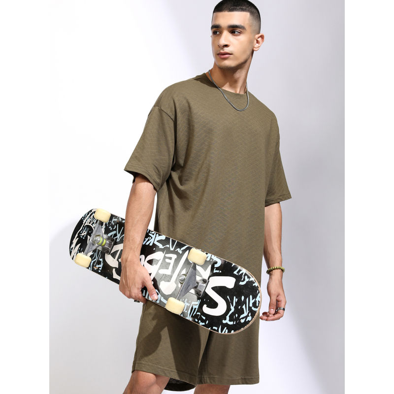 HIGHLANDER Men Textured Olive Oversized Co-Ord (Set of 2) (L)