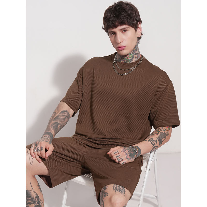 HIGHLANDER Men Brown Textured Round Neck Oversized Co-Ord (Set of 2) (XS)