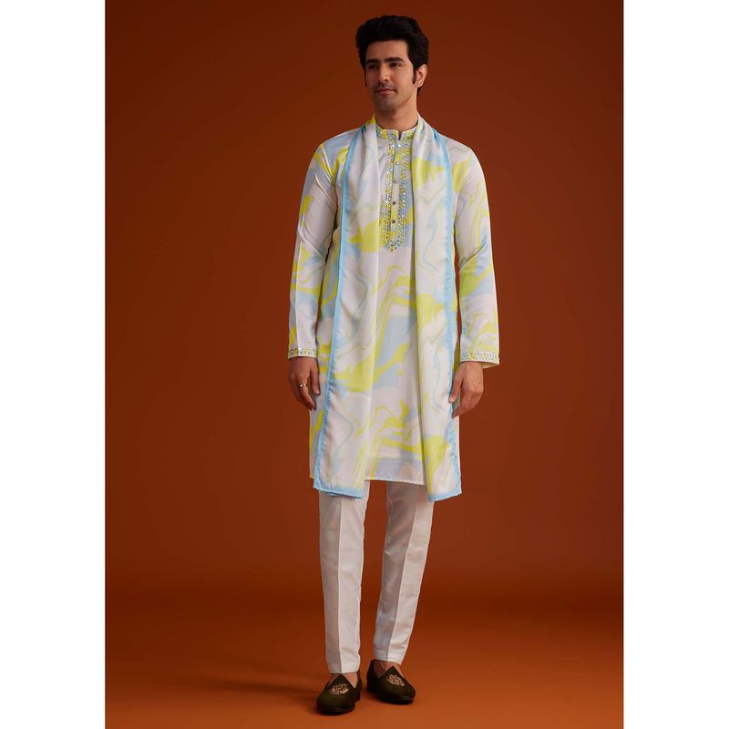 KALKI FASHION Men Multi-Color Mirror Work Kurta with Pant and Dupatta (Set of 3) (L)