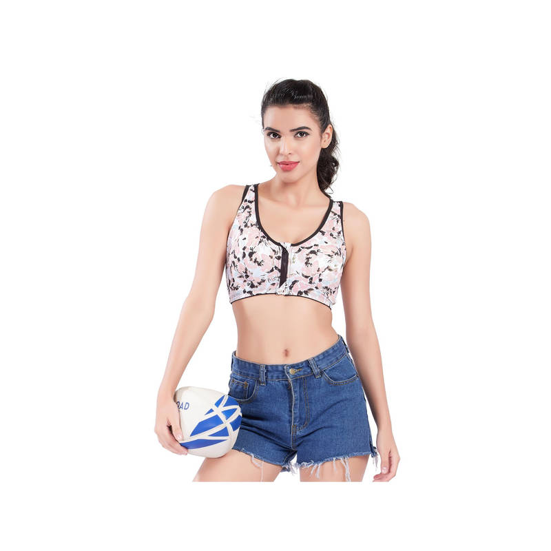 Bralux Multi-Color Full Coverage Front Zip High Support Removable Pads Sports Bra (M)