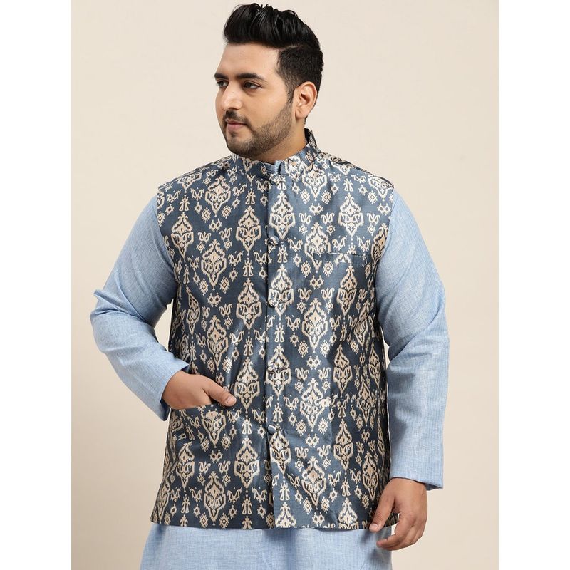 SOJANYA Men Silk Blend Blue Printed Nehru Jacket (3XL)