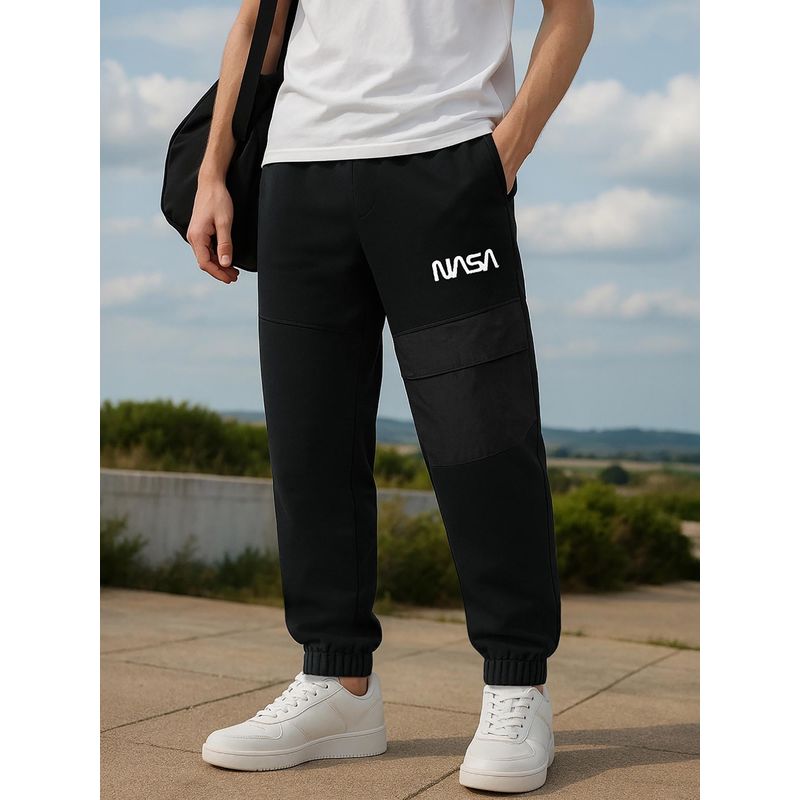 Bewakoof Men's Black NASA Typography Oversized Cargo Joggers (L)