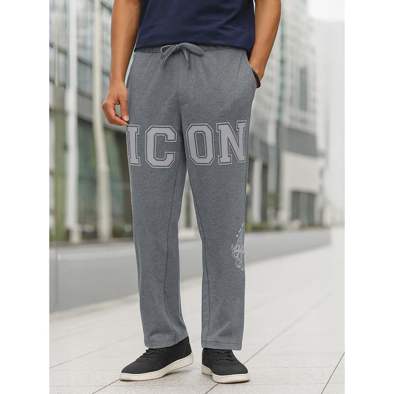 Bewakoof Men's Charcoal Grey Melange Icon Graphic Printed Oversized Track Pants (M)