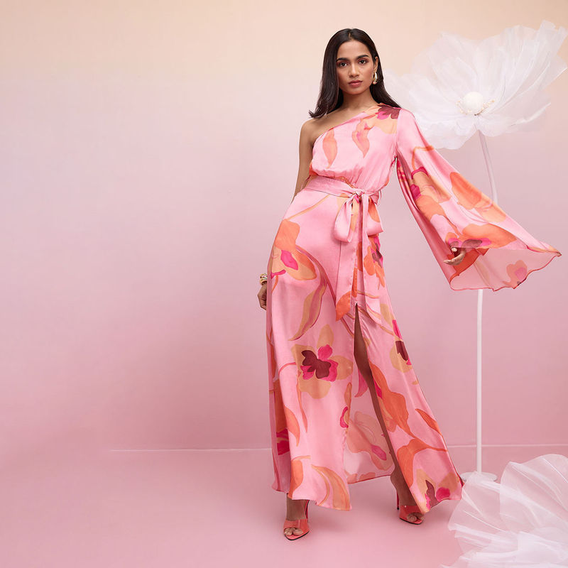 RSVP by Nykaa Fashion Pink Printed One Shoulder Flared Bell Sleeves Slit Maxi Dress (Set of 2) (XS)