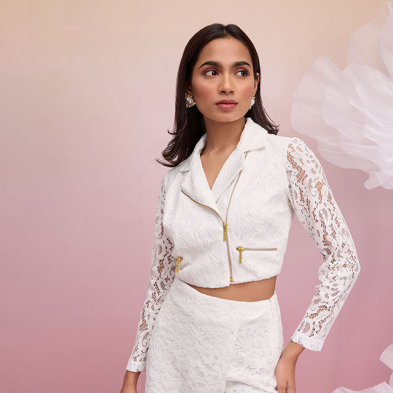 RSVP by Nykaa Fashion White Cord Lace Full Sleeves Crop Party Biker Jacket (XS)