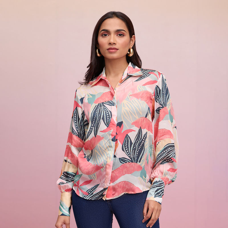 RSVP by Nykaa Fashion Multicolor Printed Floral Full Sleeves Satin Shirt (XS)