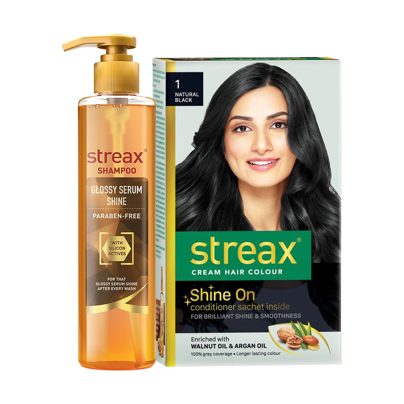 Streax Cream Hair Colour Natural Black + Streax Glossy Serum Shine Shampoo:  Buy Streax Cream Hair Colour Natural Black + Streax Glossy Serum Shine  Shampoo Online at Best Price in India | NykaaMan