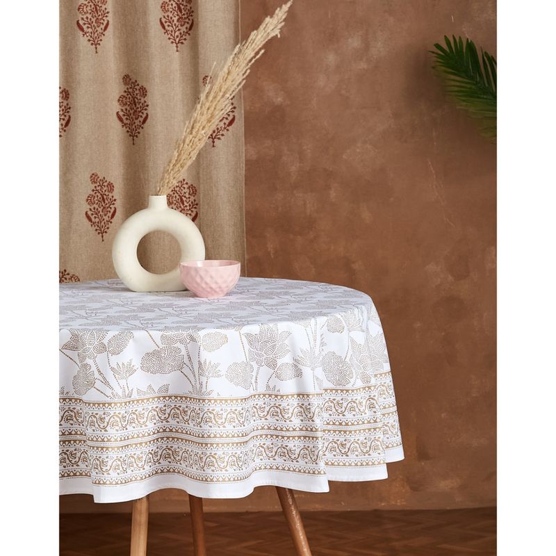 Fabindia White Dhaani Cotton Printed Round Table Cover (6 Seater) Buy