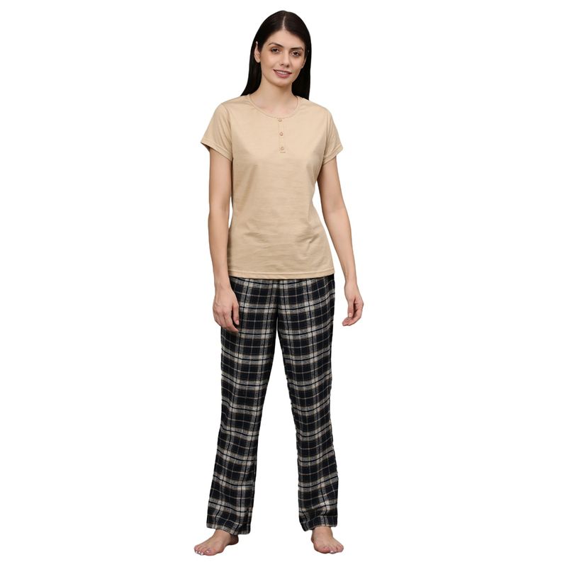 BSTORIES Pyjama Set For Women-Beige T-Shirt & Checked Pant (L)