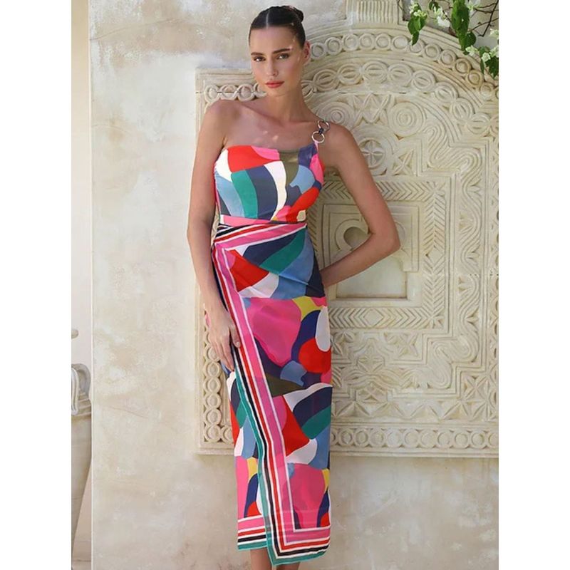 Addery Multi-Color One-Shoulder Printed Monokini with Sarong (M)