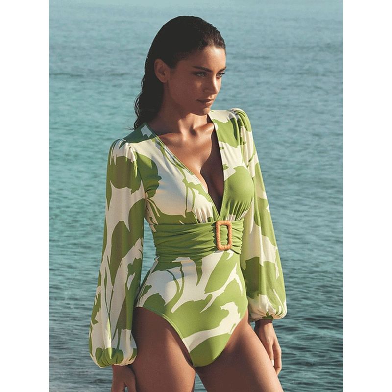 Addery Tropical Green Full-Sleeve Printed Monokini (M)