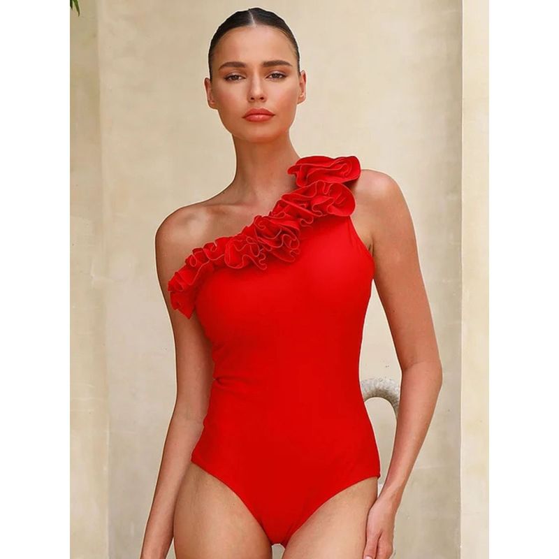 Addery Elegant Red Ruffle One-Shoulder Monokini (S)