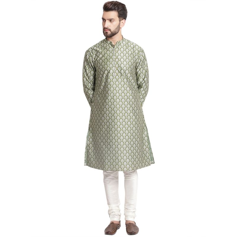 TREEMODA Designer Golden Green Brocade Kurta with Churidar Pyjama for Men (Set of 2) (S)