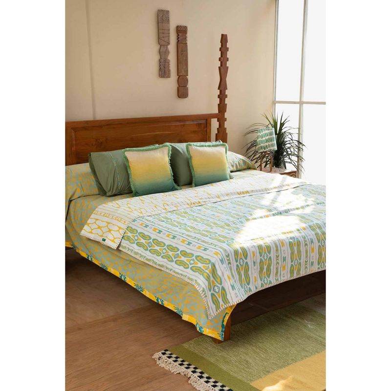 Freedom Tree Mire Ikat Cotton Voile Mint Yellow Dohar (Queen)