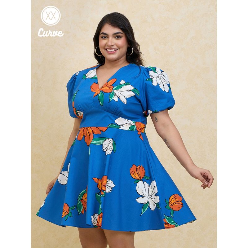 Twenty Dresses by Nykaa Fashion Curve Blue Floral Print V Neck Fit And Flare Short Dress (2XL)