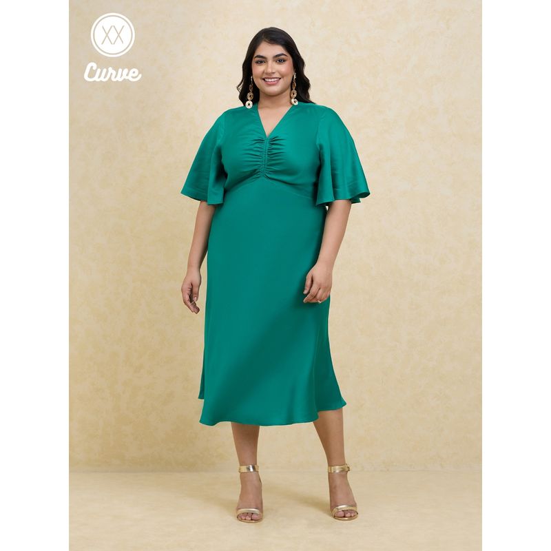 Twenty Dresses by Nykaa Fashion Curve Green Solid V Neck Bell Sleeves Satin Midi Dress (2XL)