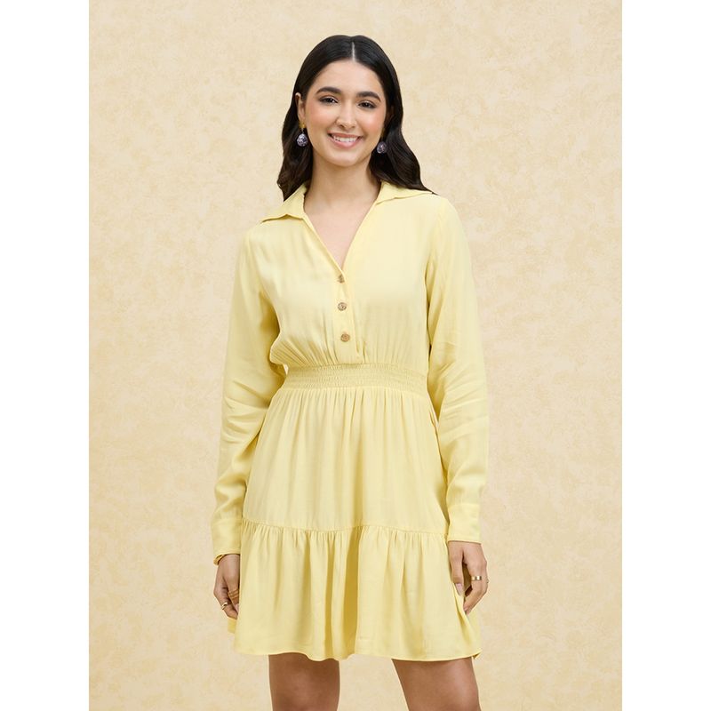 Twenty Dresses by Nykaa Fashion Yellow Solid Full Sleeves Short Dress (M)