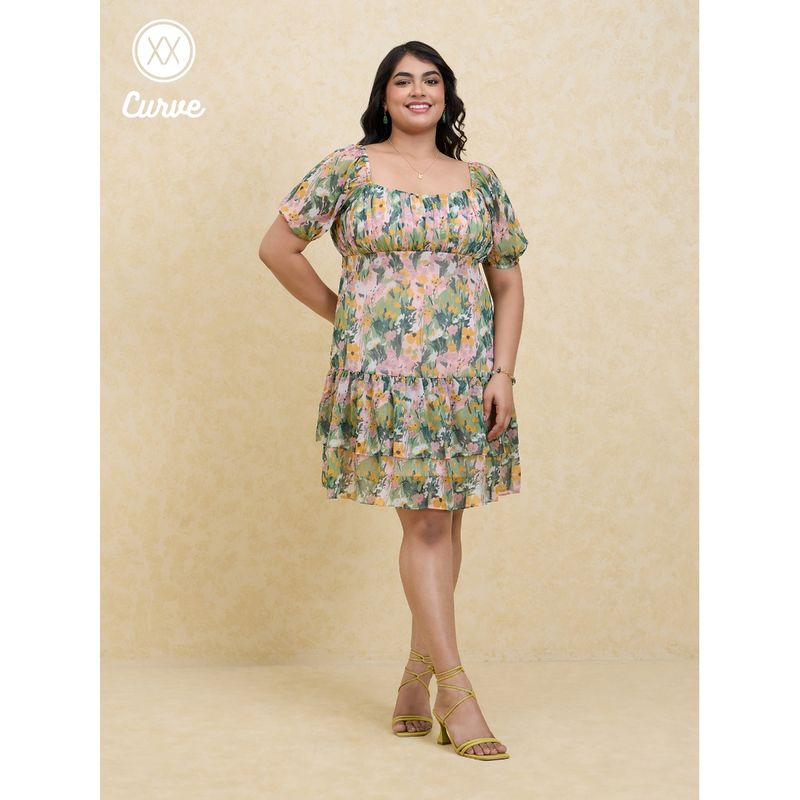 Twenty Dresses by Nykaa Fashion Curve Multicolor Floral Printed Puff Sleeves Short Dress (2XL)