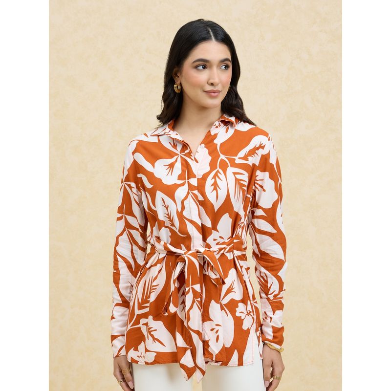 Twenty Dresses by Nykaa Fashion Rust and White Printed Belted Shirt (XS)