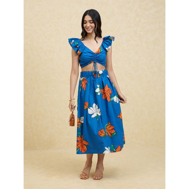 Twenty Dresses by Nykaa Fashion Blue Floral Print V Neck Midi Skirt Co-Ords (Set of 3) (L)