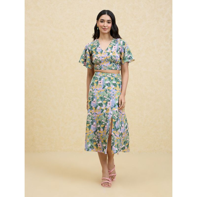 Twenty Dresses by Nykaa Fashion Multicolor Floral Crop Top and Midi Skirt Co-ords (Set of 2) (XS)