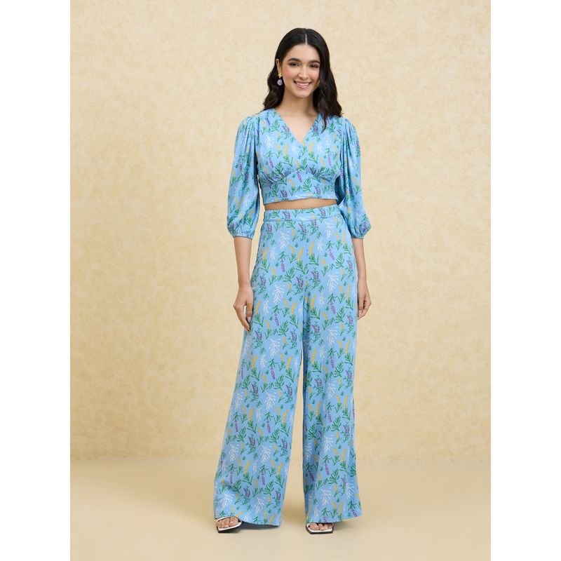 Twenty Dresses by Nykaa Fashion Blue Floral Crop Top and High Waist Pants Co-ords (Set of 2) (XS)