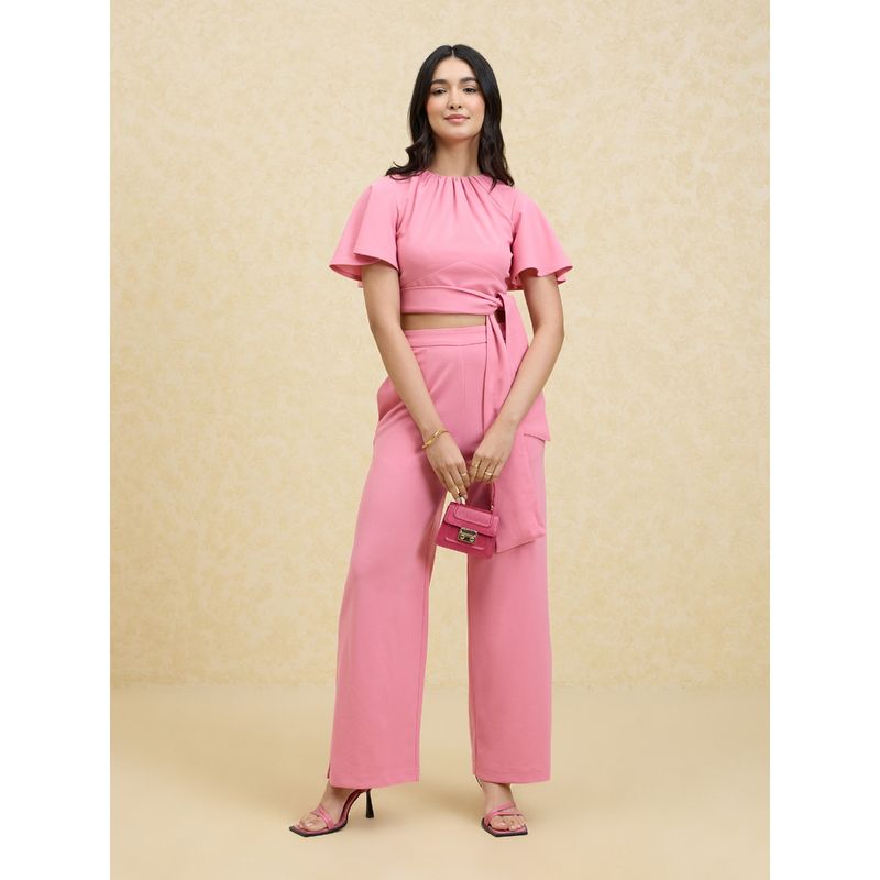 Twenty Dresses by Nykaa Fashion Solid Pink Crop Top and High Waist Pants Co-ords (Set of 2) (S)