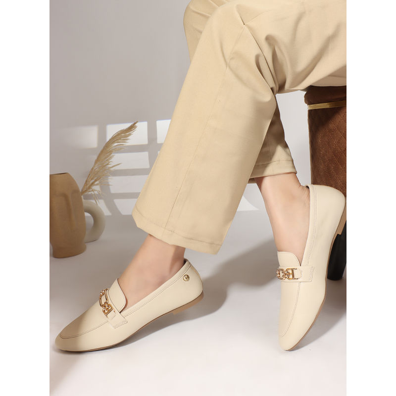 ELLE Beige Solid Slip-On Women Horsebit Loafers (EURO 36)