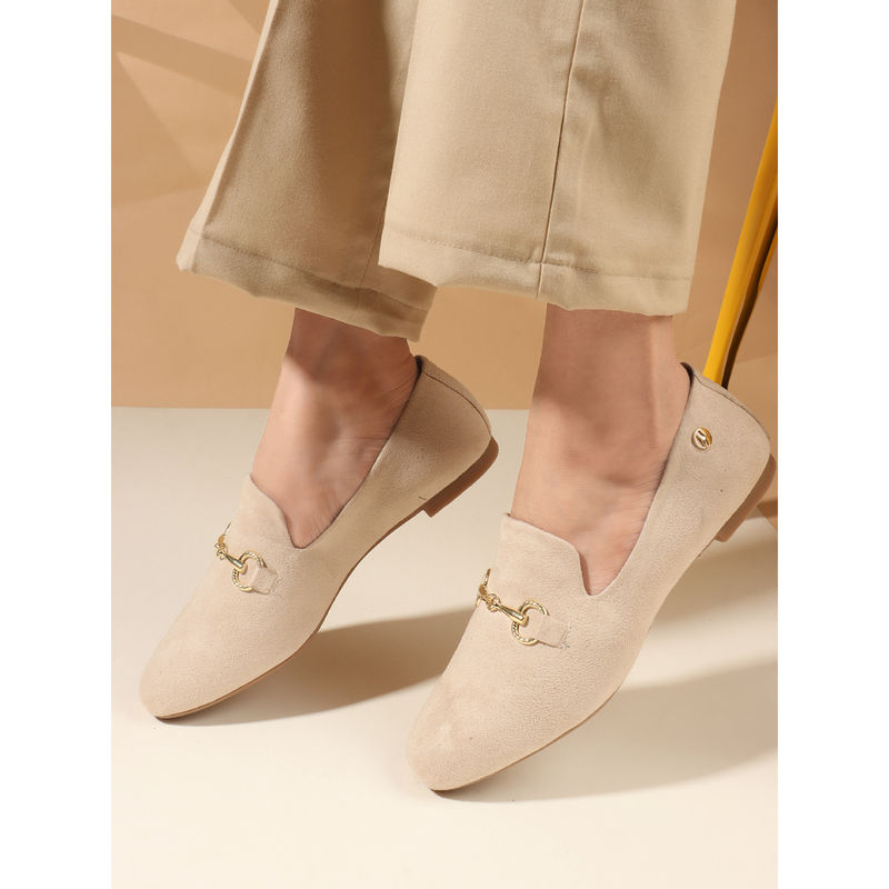 ELLE Beige Solid Slip-On Women Horsebit Loafers (EURO 36)