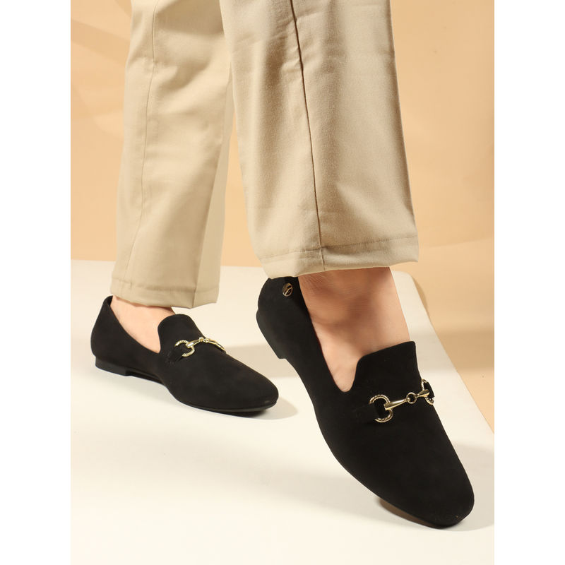 ELLE Black Solid Slip-On Women Horsebit Loafers (EURO 38)