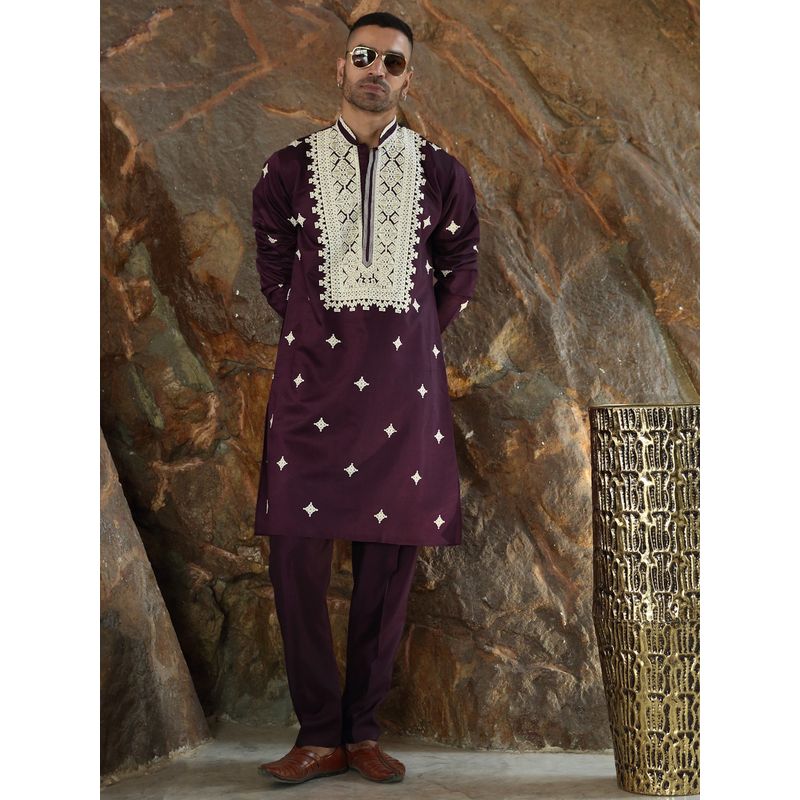KRAFT INDIA LUXE Cotton Silk Embroidered Yoke Design Wine Kurta with Pant (36)